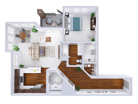 Floor plan for 1 bed, 1 bath, 1033 sqft